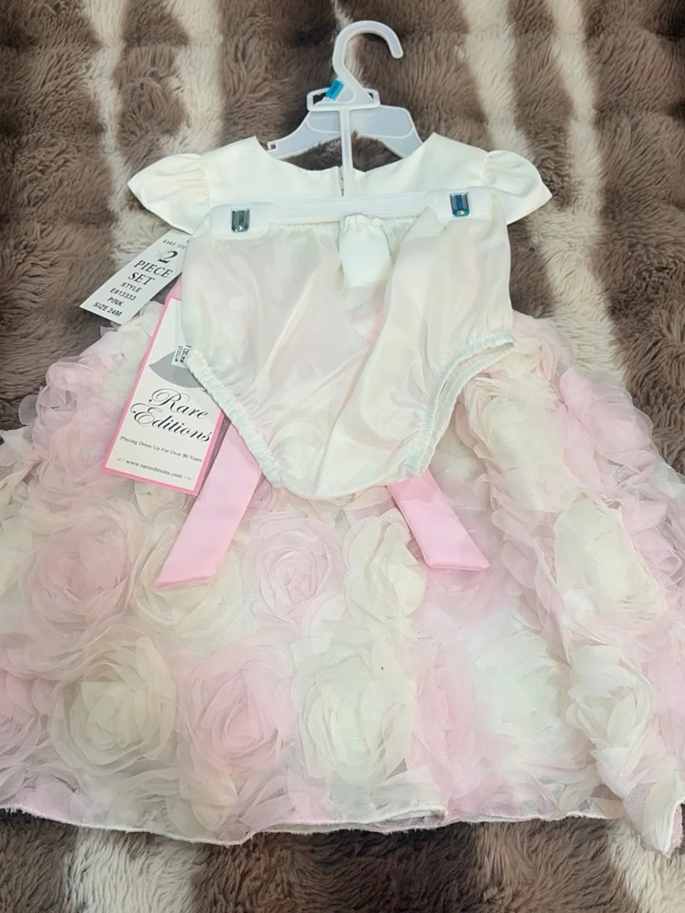 Girls Ivory and Pink Rosette Party Dress with Bow